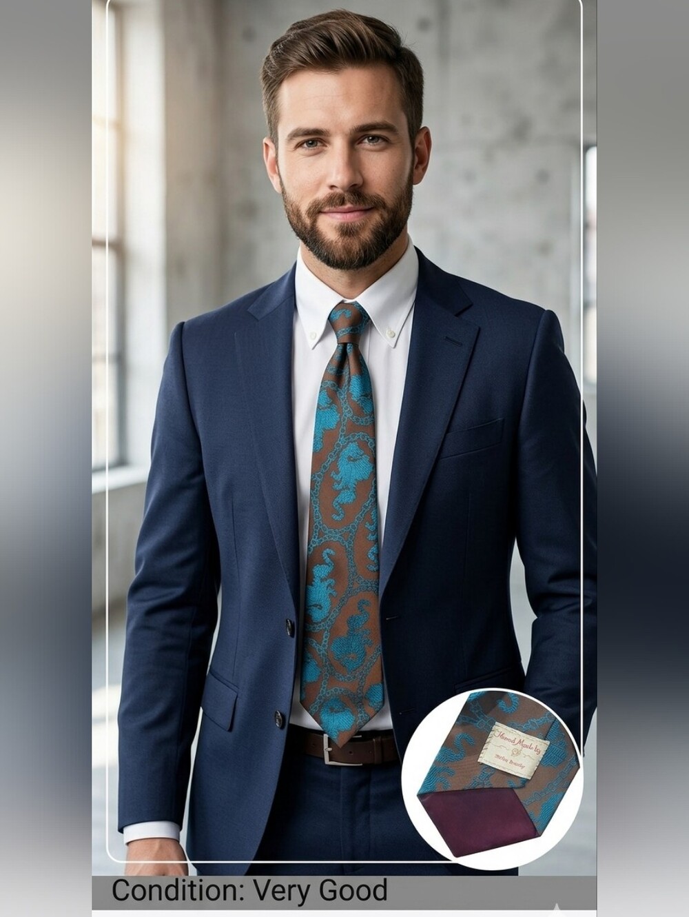 Handmade Tie Teal Chain Brown Jacquard Dragon Classic USA Made Luxury Necktie VG